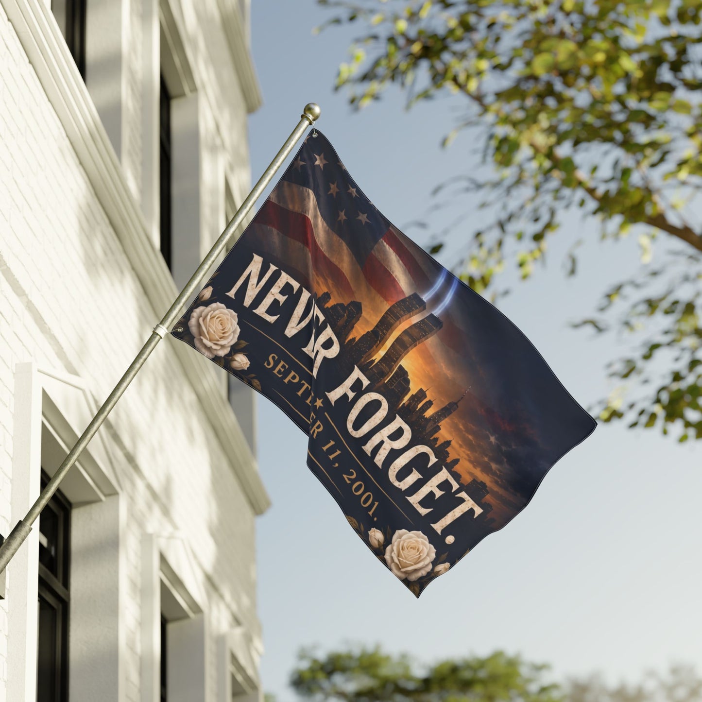 Never Forget 9/11 Memorial Flag — Double-Sided Tribute Banner